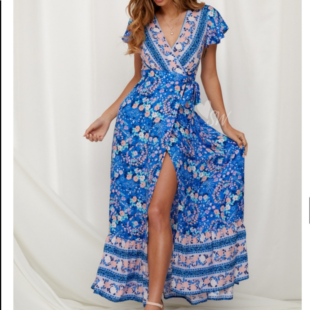 Boho Floral Gypsy Print 60’s Maxi Wrap Dress - Picture 1 of 12